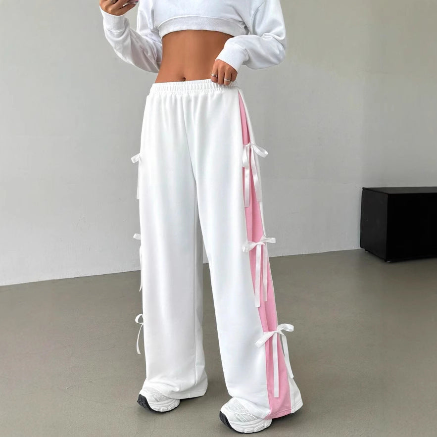 Women's Elastic Waist Contrast Color Straight-leg Trousers