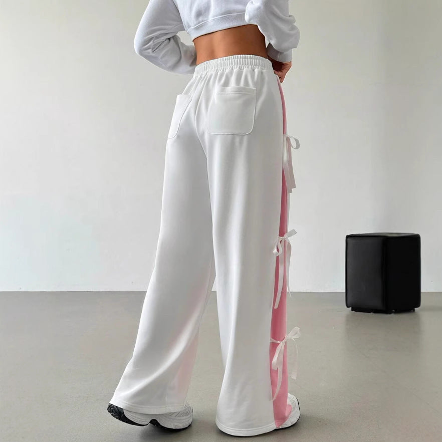 Women's Elastic Waist Contrast Color Straight-leg Trousers