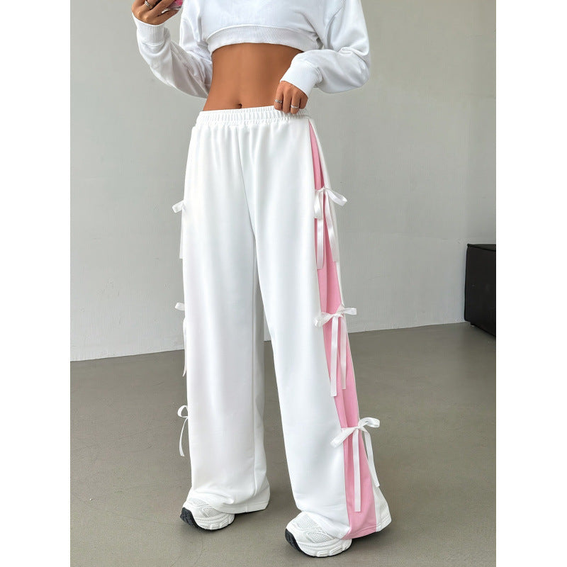 Women's Elastic Waist Contrast Color Straight-leg Trousers